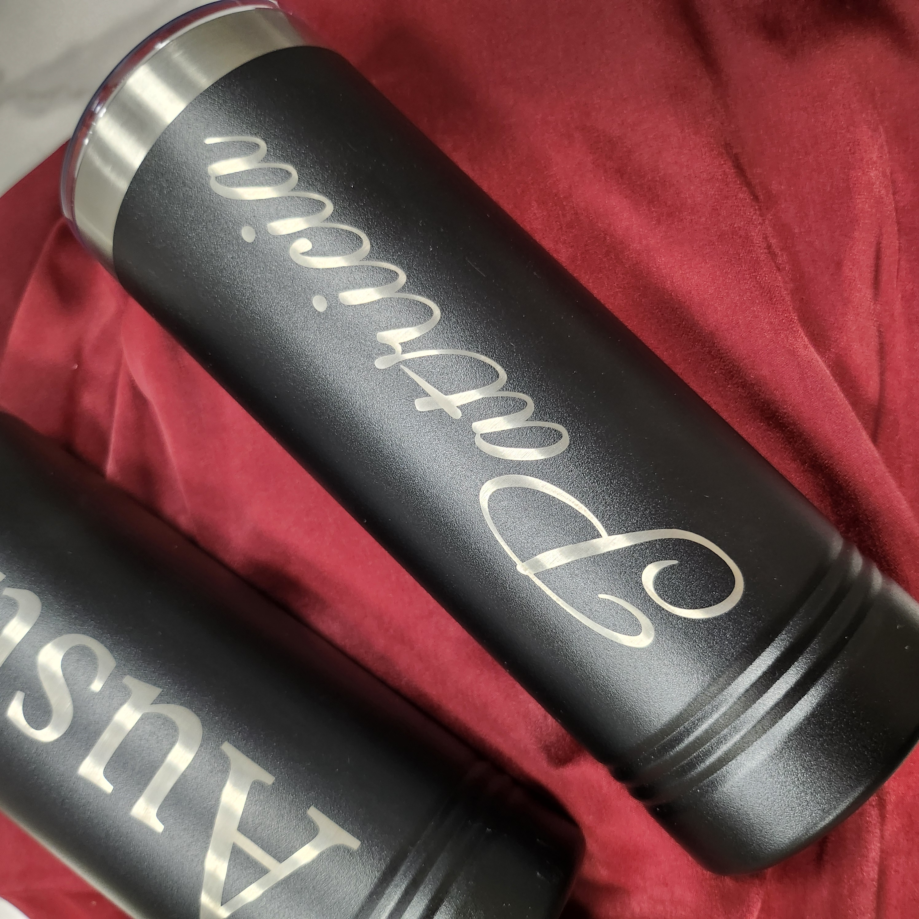 Engraved black tumblers